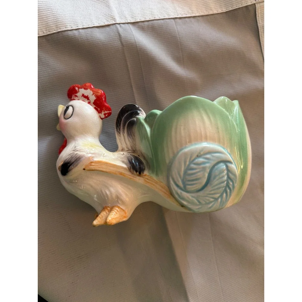 Vintage Ceramic Rooster Cabbage Planter‎ Figurine Mid Century Farmhouse Kitsch